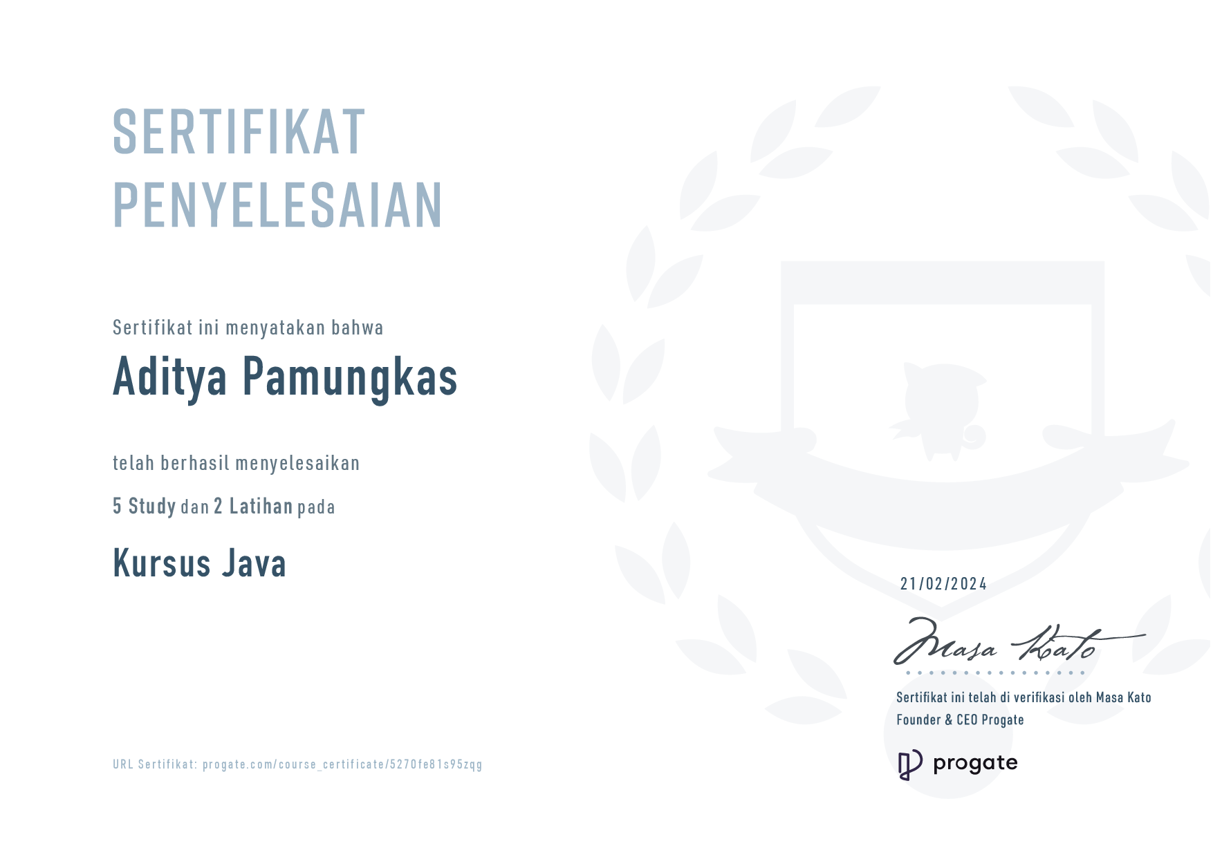 Java Course Certificate - Progate